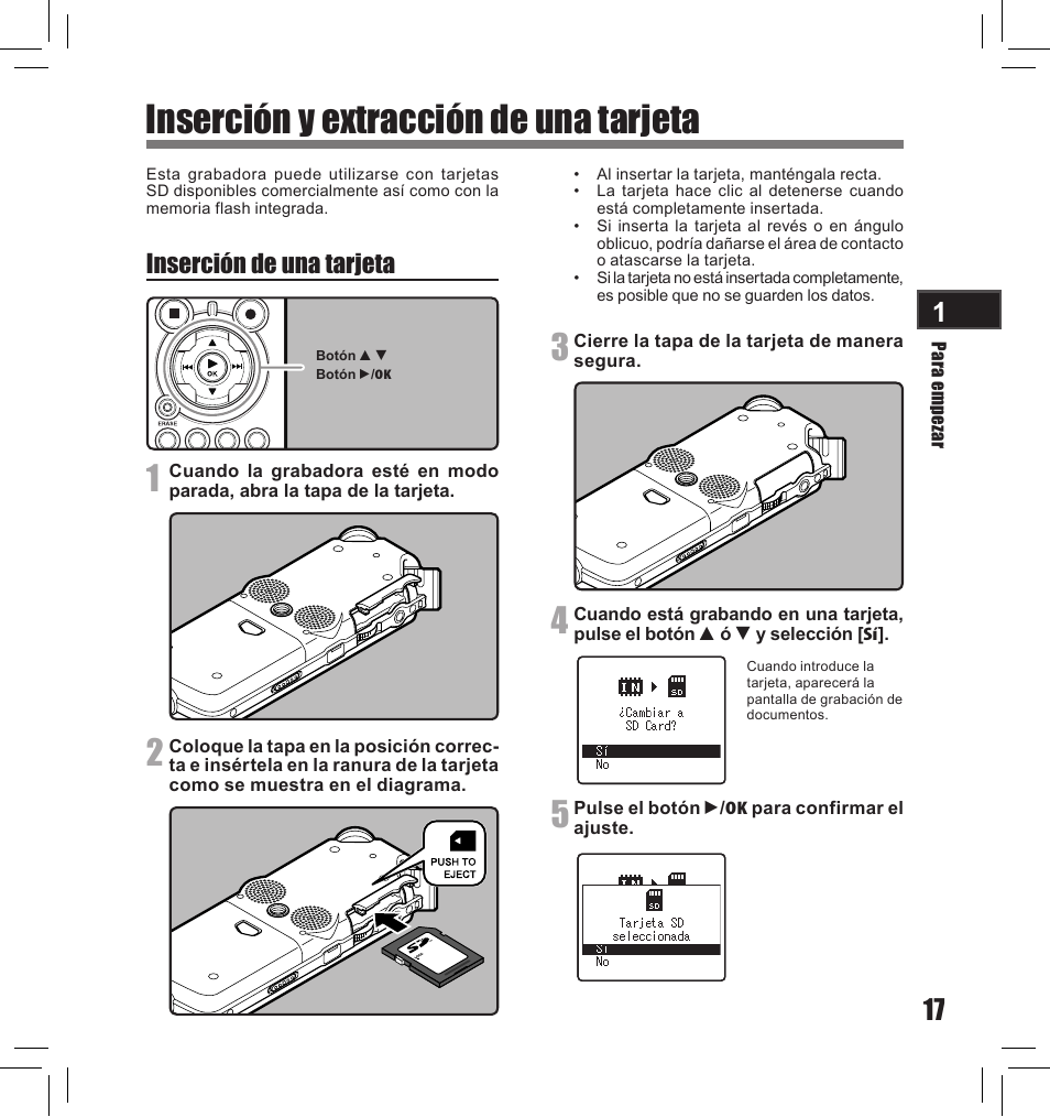 Inserción y extracción de una tarjeta, Inserción de una tarjeta | Olympus LS-10S User Manual | Page 189 / 260