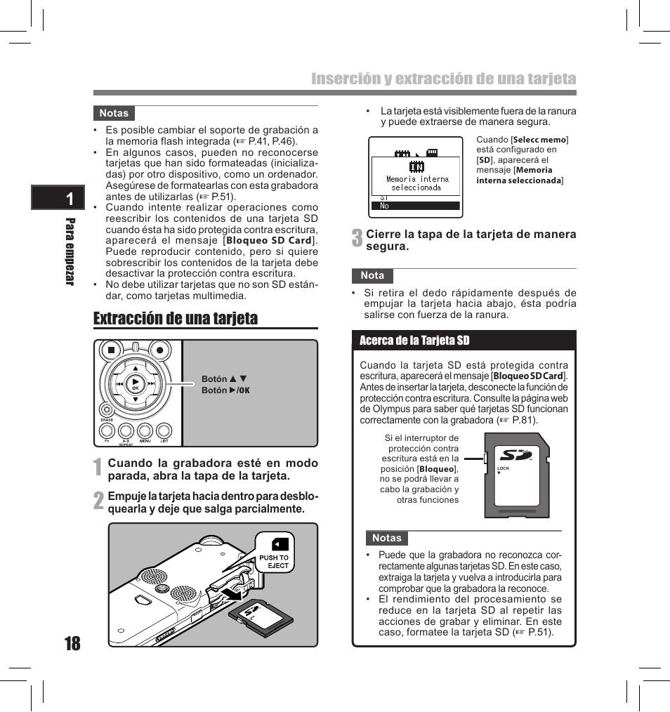 Extracción de una tarjeta, Inserción y extracción de una tarjeta | Olympus LS-10S User Manual | Page 190 / 260