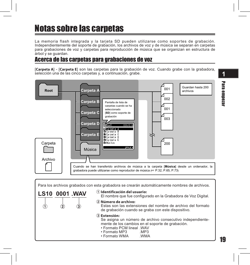 Notas sobre las carpetas, Acerca de las carpetas para grabaciones de voz | Olympus LS-10S User Manual | Page 191 / 260