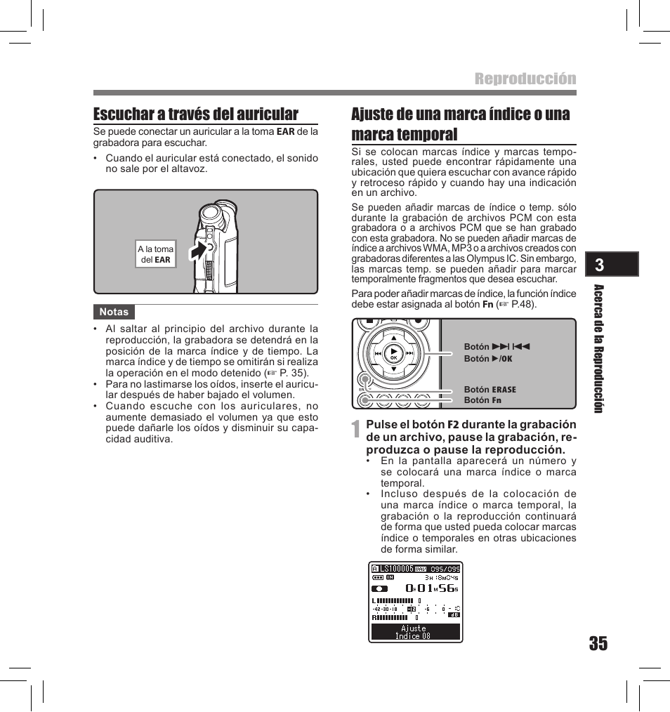 Escuchar a través del auricular, Ajuste de una marca índice o una marca temporal, Reproducción | Olympus LS-10S User Manual | Page 207 / 260