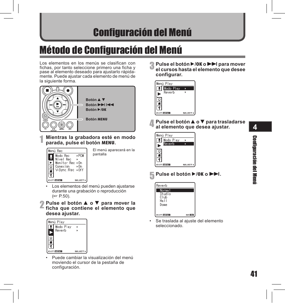 Método de configuración del menú, Configuración del menú | Olympus LS-10S User Manual | Page 213 / 260