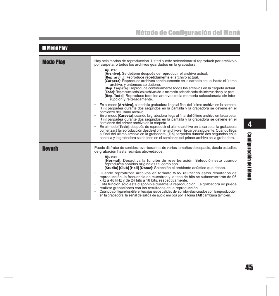 Método de configuración del menú, Modo play, Reverb | Olympus LS-10S User Manual | Page 217 / 260