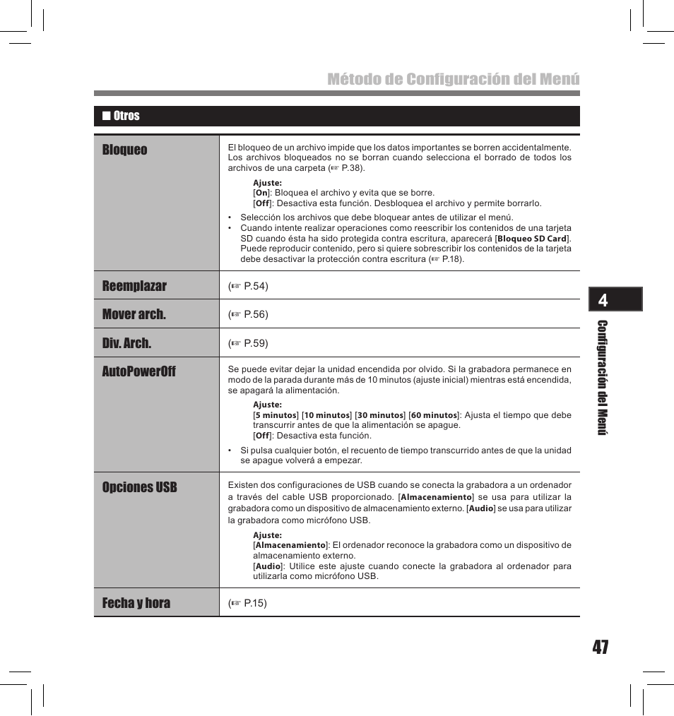Método de configuración del menú, Bloqueo, Reemplazar | Mover arch, Div. arch, Autopoweroff, Opciones usb, Fecha y hora | Olympus LS-10S User Manual | Page 219 / 260