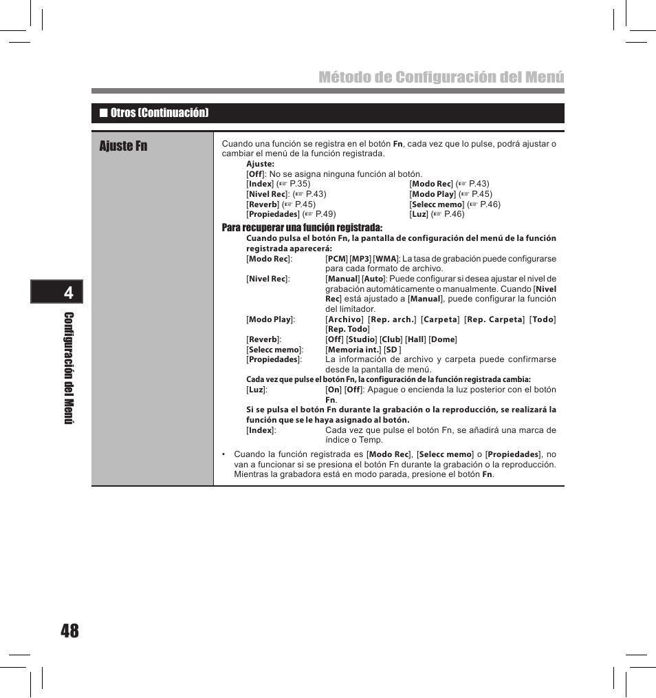 Método de configuración del menú, Ajuste fn | Olympus LS-10S User Manual | Page 220 / 260