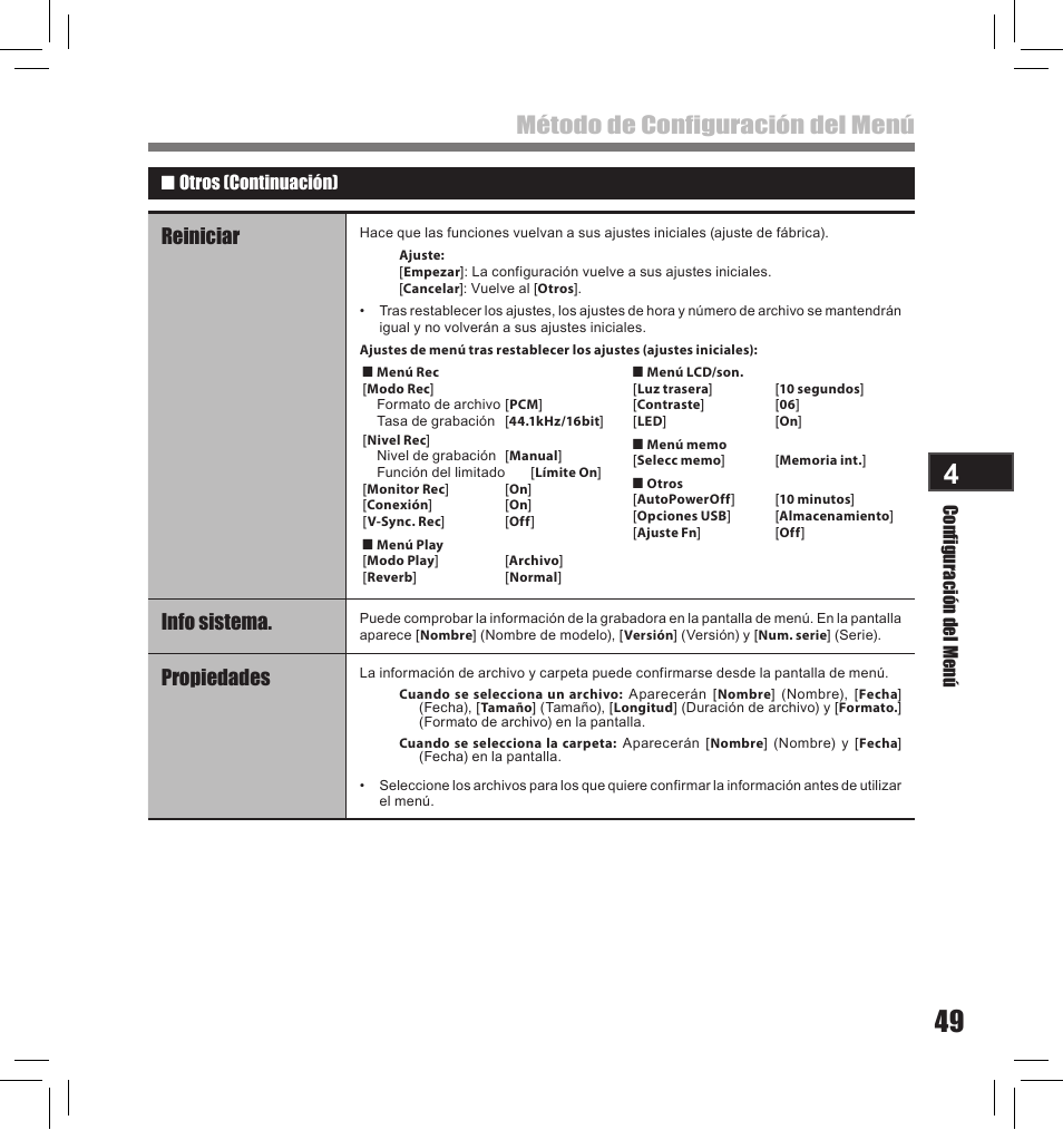 Método de configuración del menú, Reiniciar, Info sistema | Propiedades | Olympus LS-10S User Manual | Page 221 / 260