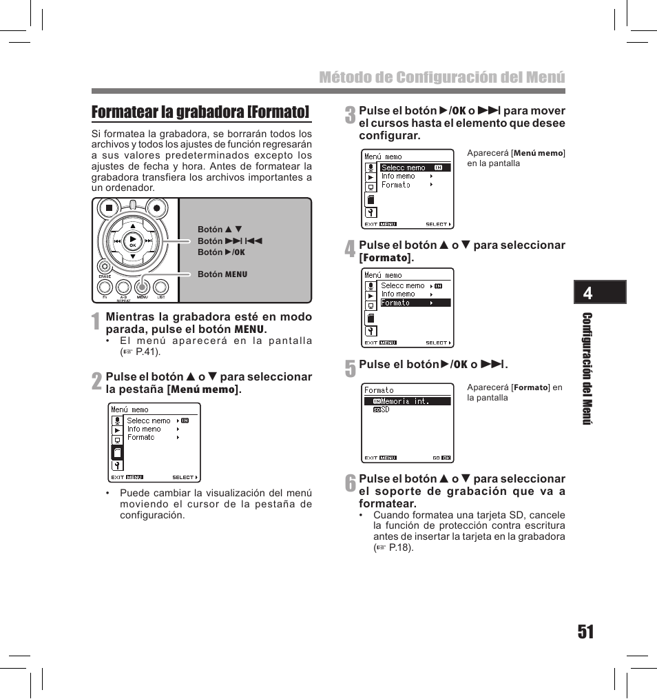 Formatear la grabadora [formato | Olympus LS-10S User Manual | Page 223 / 260
