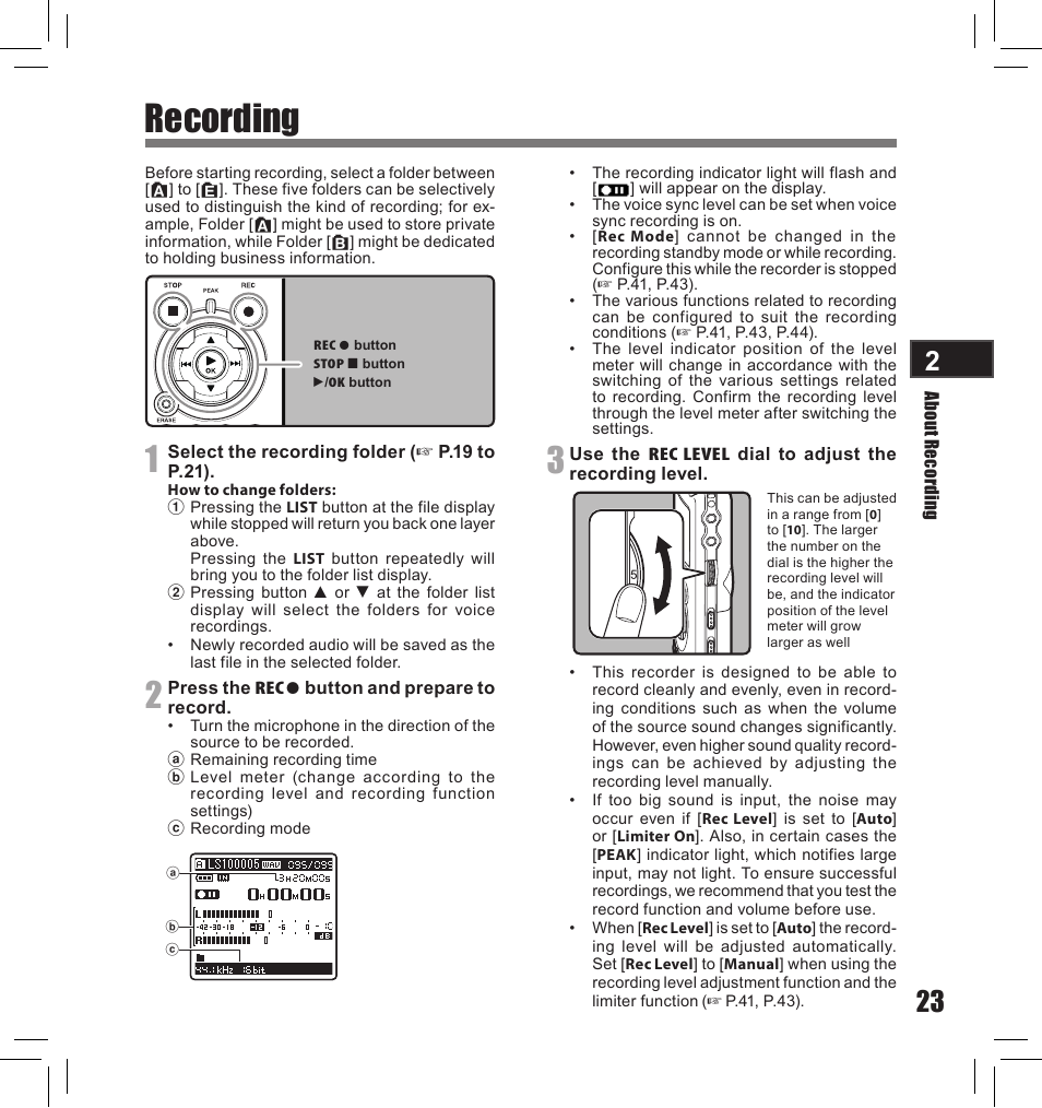 Recording | Olympus LS-10S User Manual | Page 23 / 260