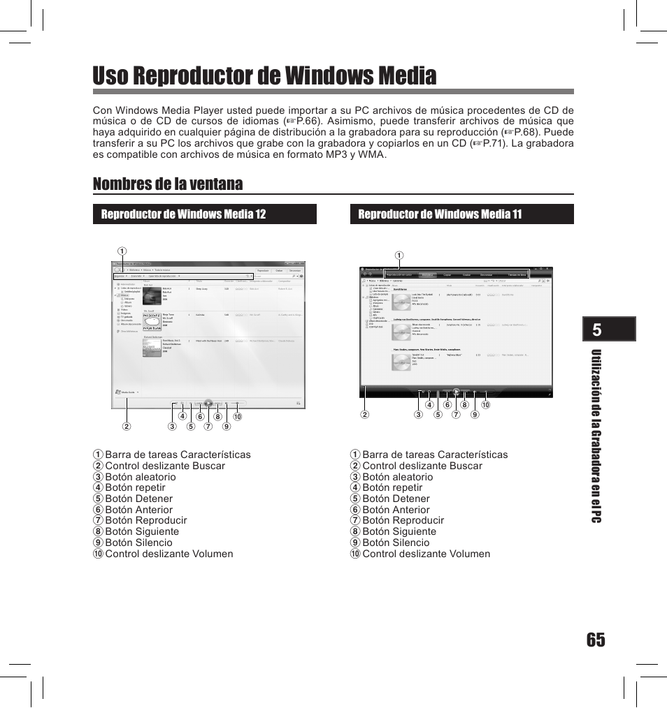 Uso reproductor de windows media, Nombres de la ventana | Olympus LS-10S User Manual | Page 237 / 260