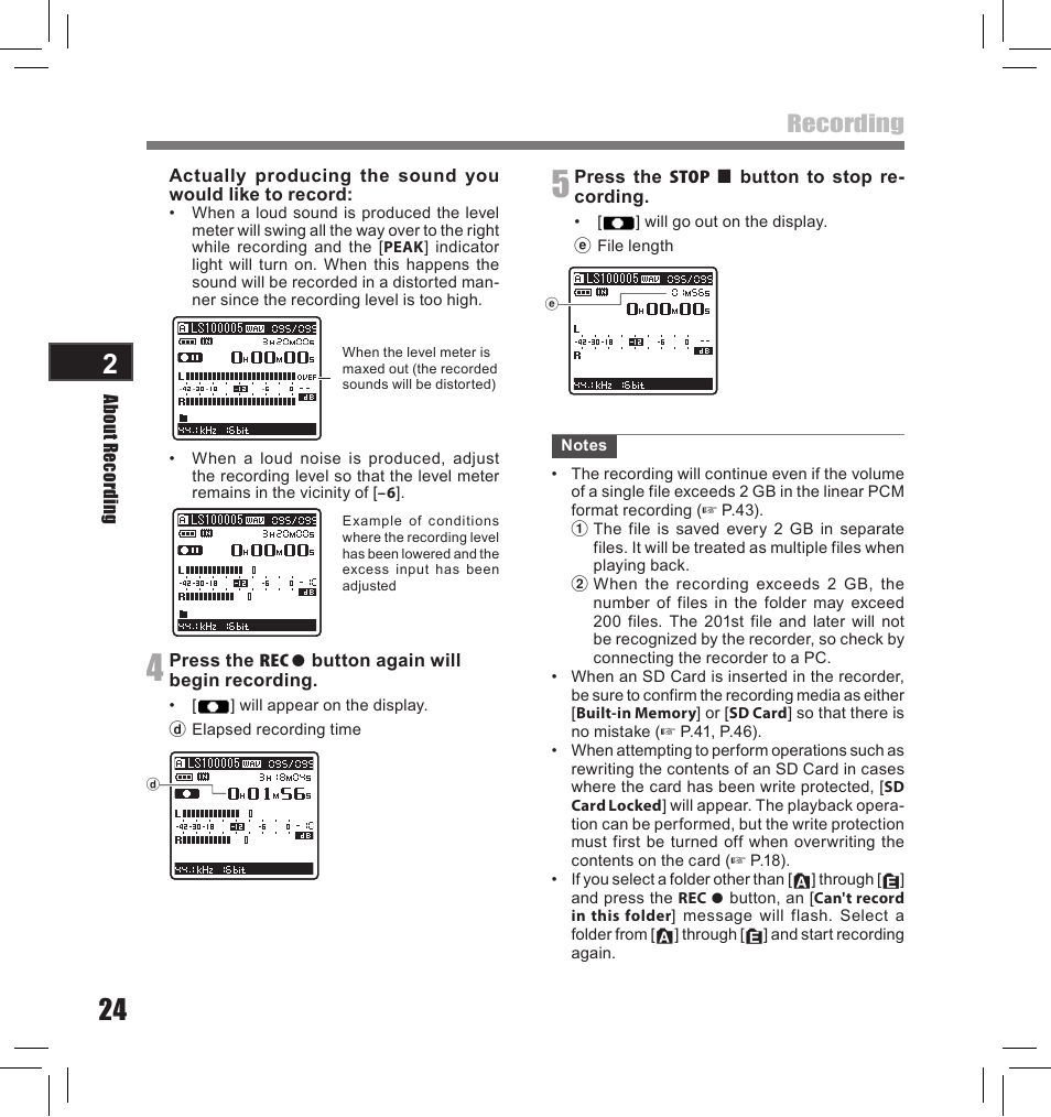 Recording | Olympus LS-10S User Manual | Page 24 / 260