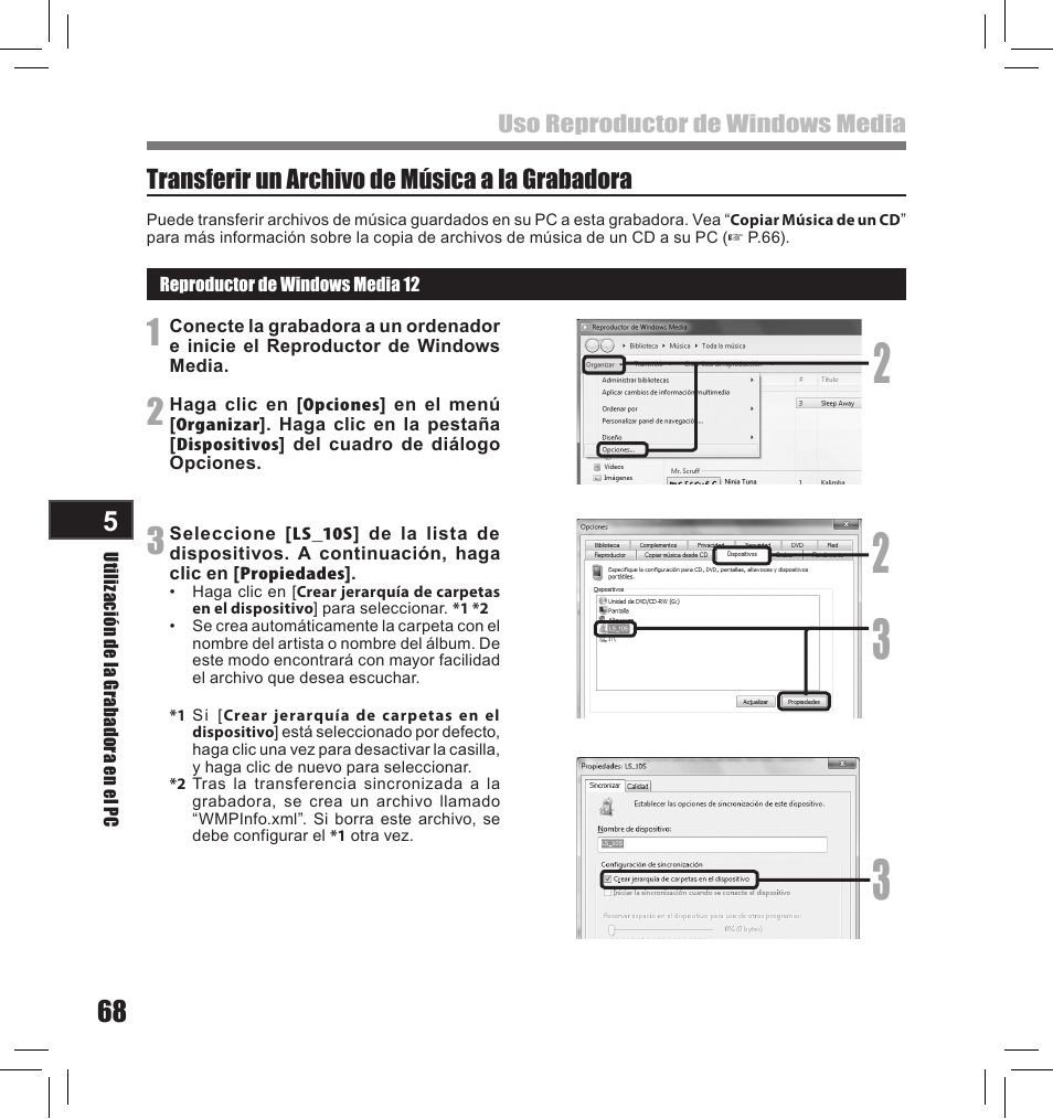 Transferir un archivo de música a la grabadora | Olympus LS-10S User Manual | Page 240 / 260