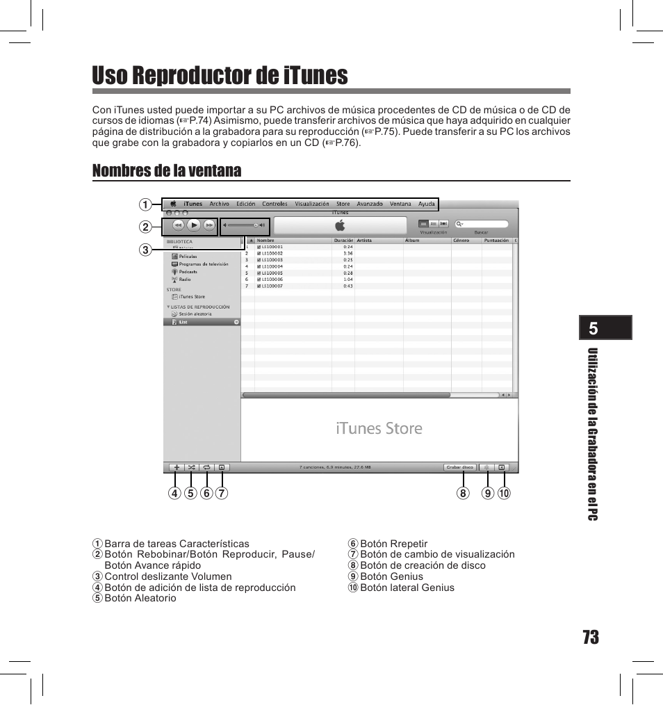 Uso reproductor de itunes, Nombres de la ventana | Olympus LS-10S User Manual | Page 245 / 260