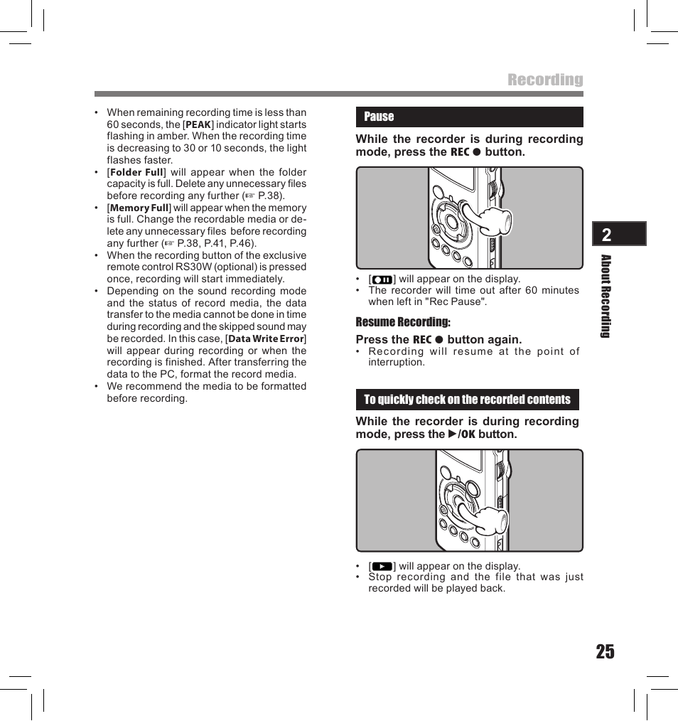 Recording | Olympus LS-10S User Manual | Page 25 / 260