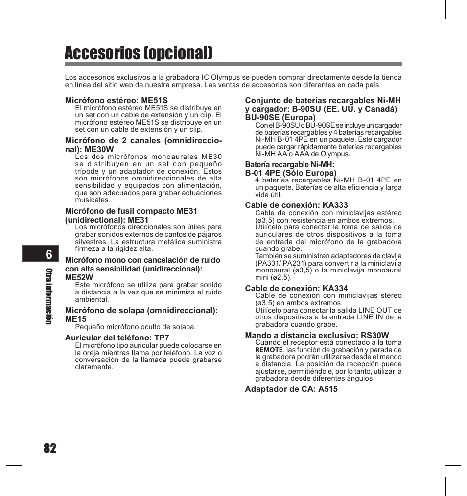 Accesorios (opcional) | Olympus LS-10S User Manual | Page 254 / 260