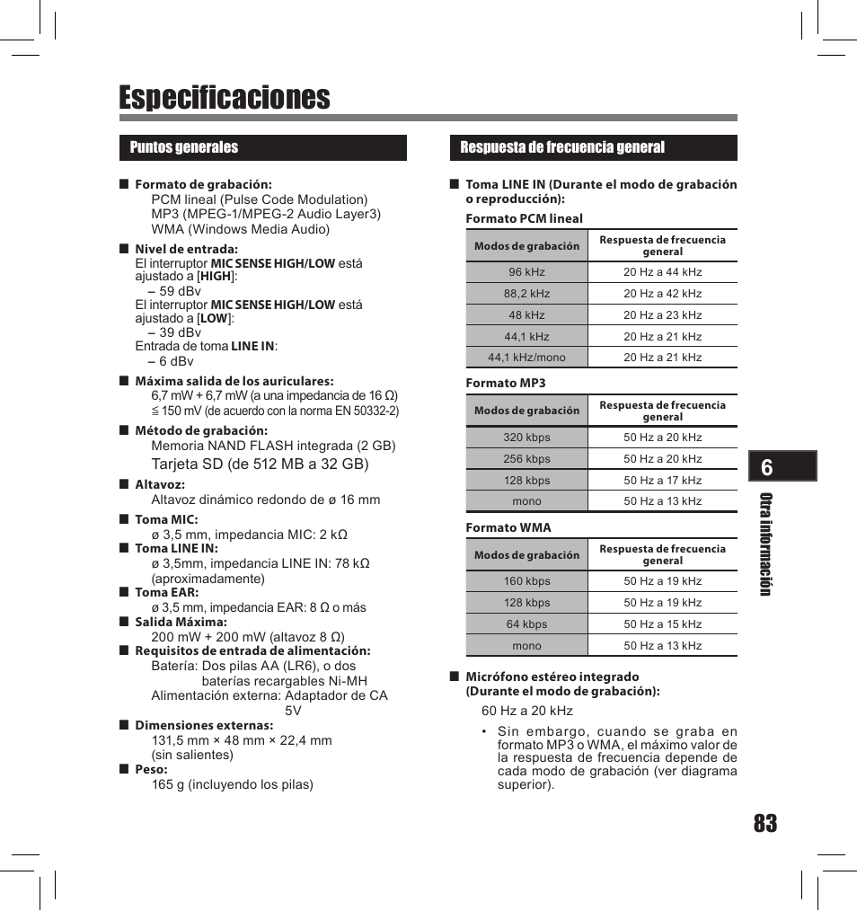 Especificaciones | Olympus LS-10S User Manual | Page 255 / 260