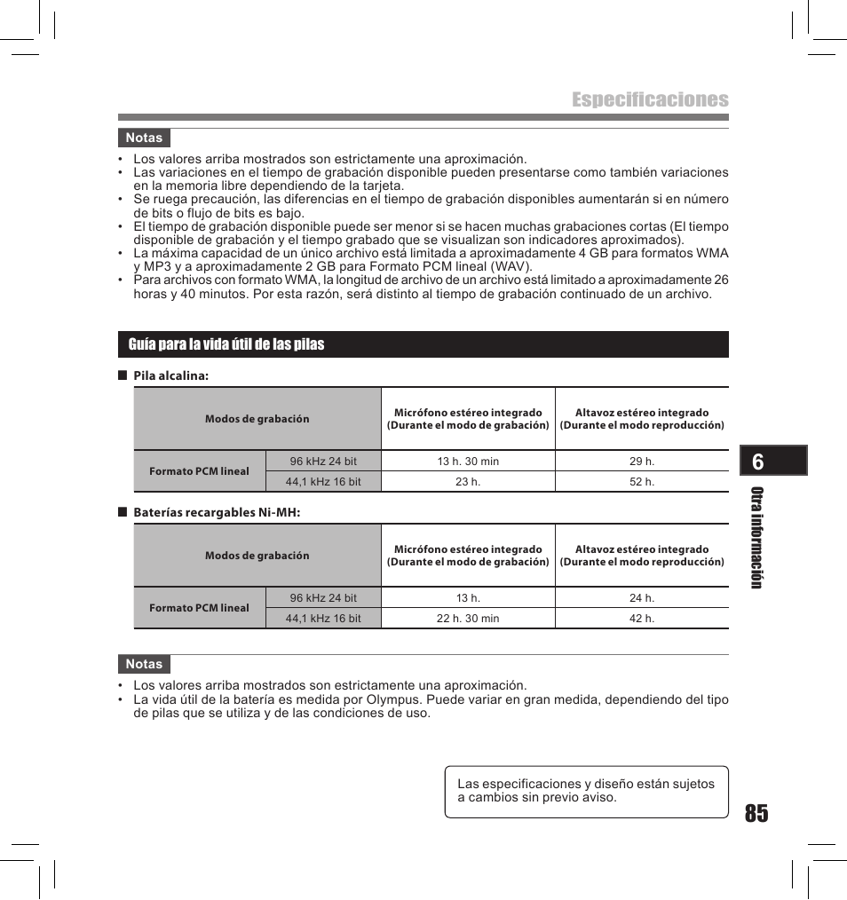 Especificaciones | Olympus LS-10S User Manual | Page 257 / 260