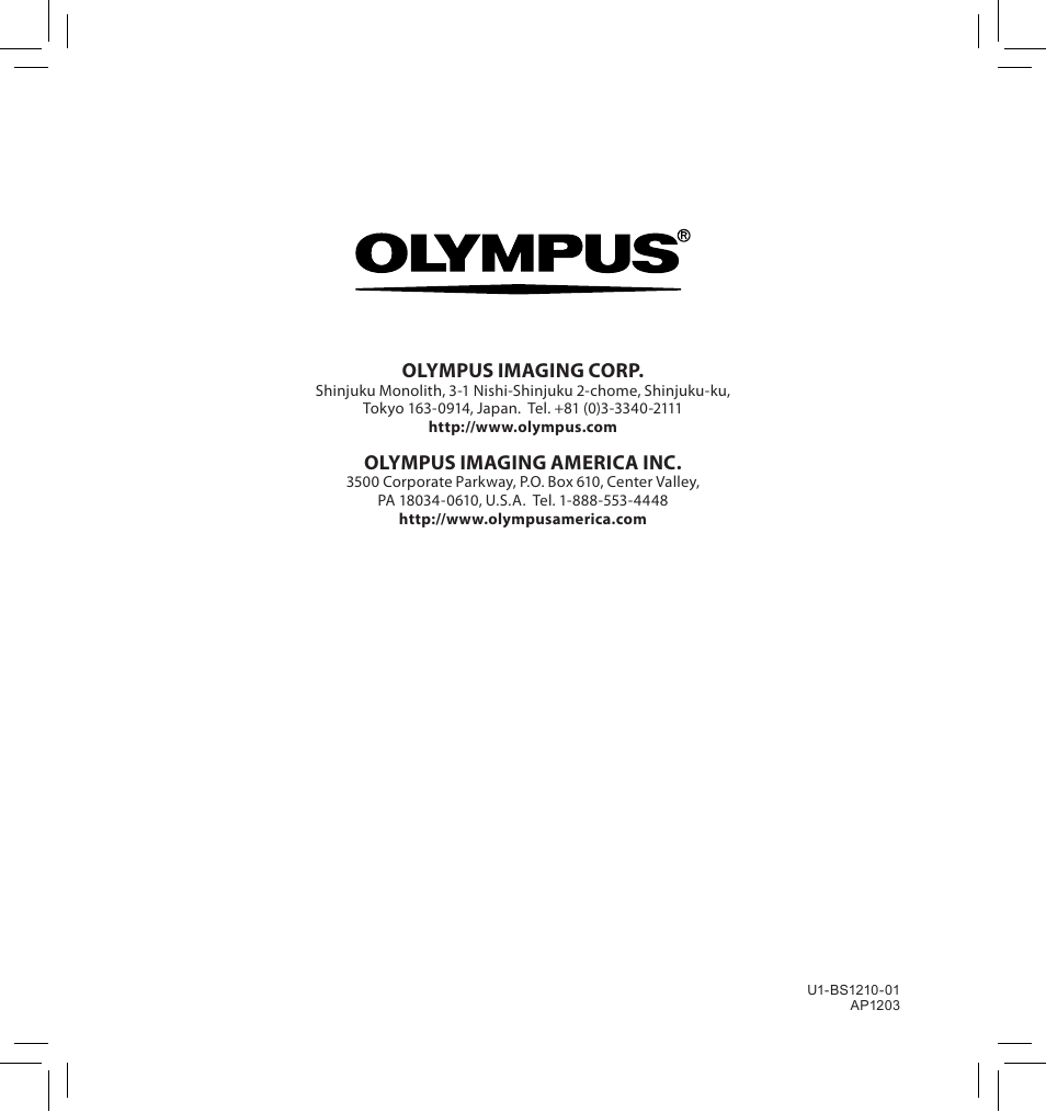 Olympus imaging corp, Olympus imaging america inc | Olympus LS-10S User Manual | Page 260 / 260