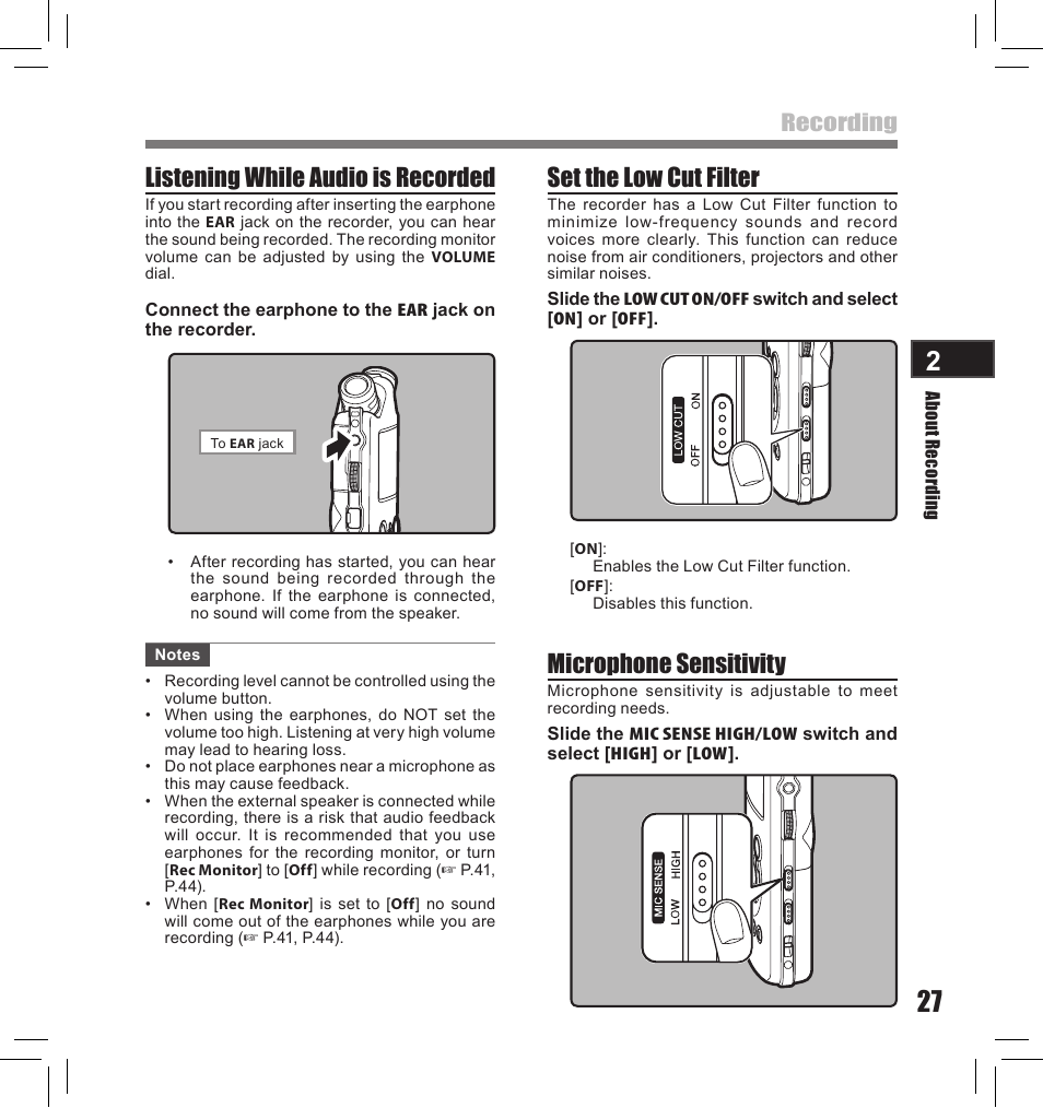 Set the low cut filter, Listening while audio is recorded, Microphone sensitivity | Recording | Olympus LS-10S User Manual | Page 27 / 260