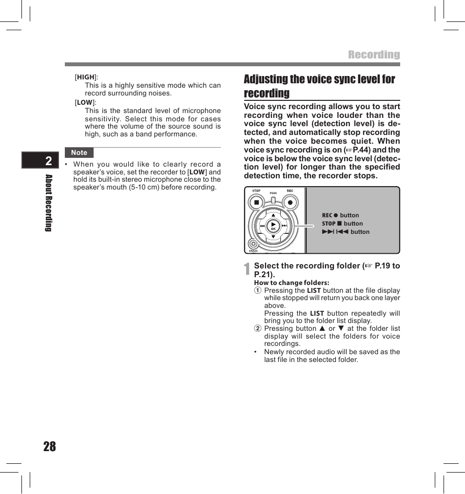 Adjusting the voice sync level for recording, Recording | Olympus LS-10S User Manual | Page 28 / 260