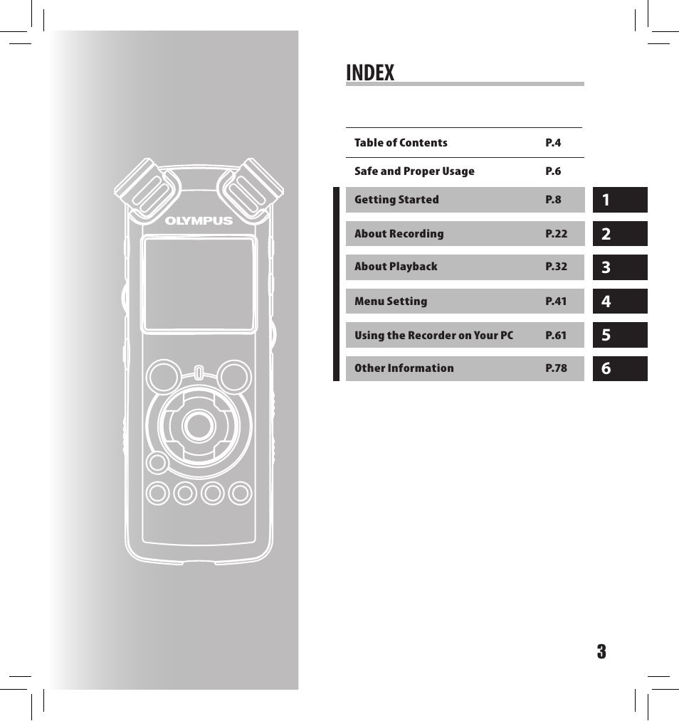Index | Olympus LS-10S User Manual | Page 3 / 260