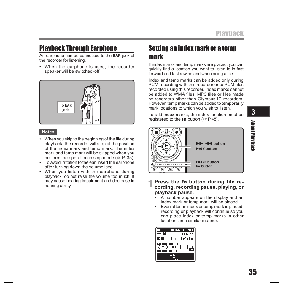 Playback through earphone, Setting an index mark or a temp mark, Playback | Olympus LS-10S User Manual | Page 35 / 260