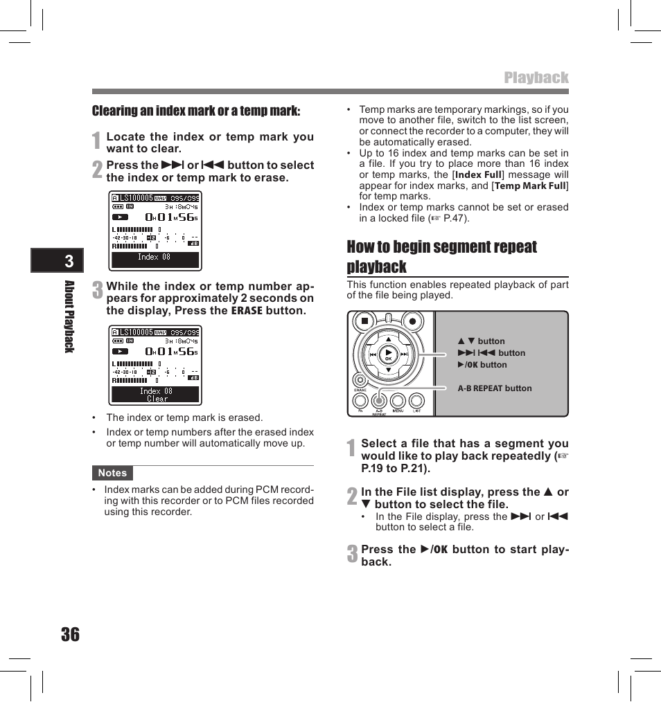 How to begin segment repeat playback | Olympus LS-10S User Manual | Page 36 / 260