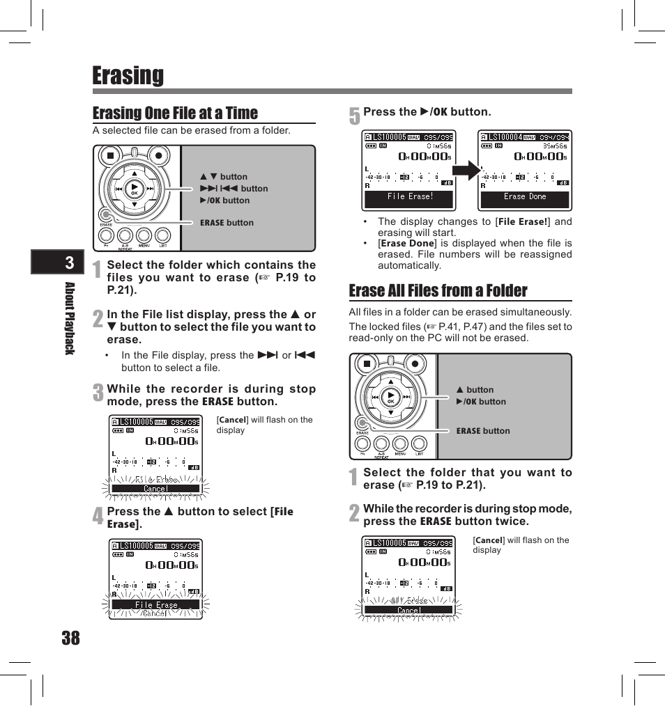 Erasing, Erasing one file at a time, Erase all files from a folder | Olympus LS-10S User Manual | Page 38 / 260