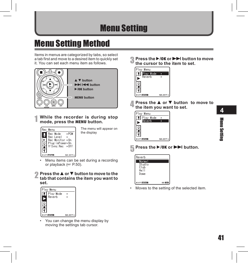 Menu setting method, Menu setting | Olympus LS-10S User Manual | Page 41 / 260