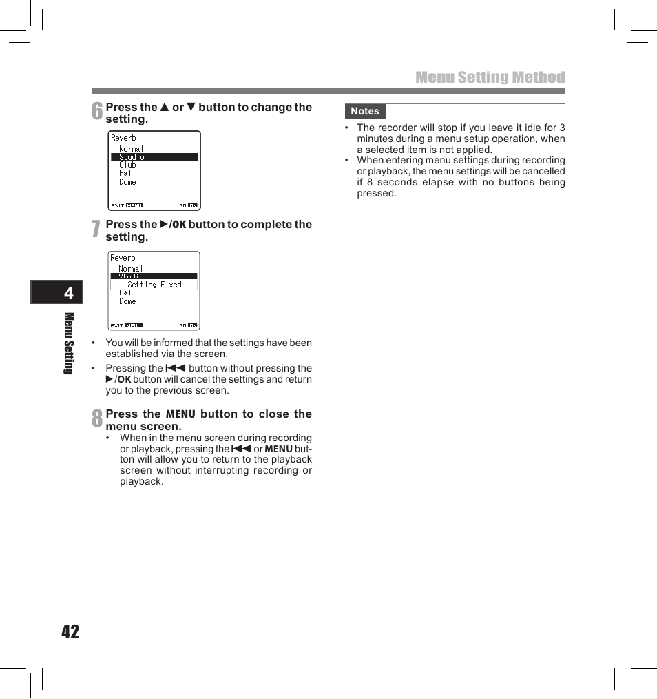 Menu setting method | Olympus LS-10S User Manual | Page 42 / 260