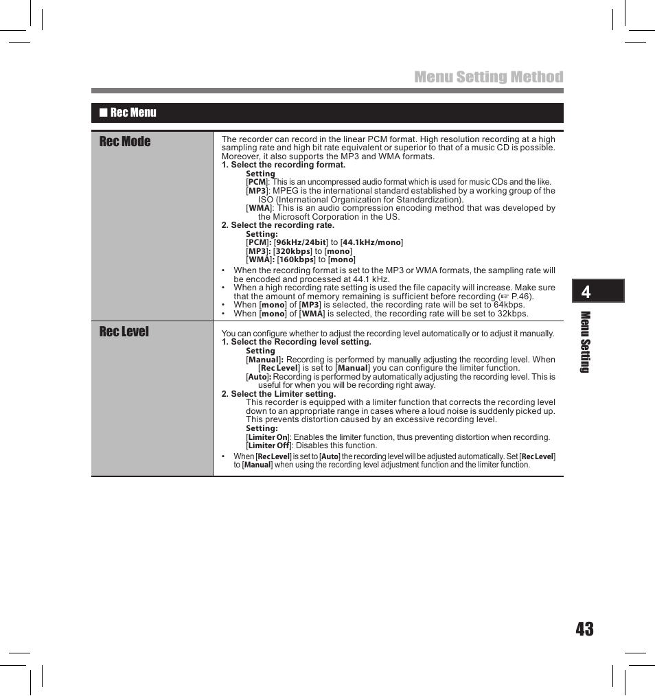 Menu setting method, Rec mode, Rec level | Olympus LS-10S User Manual | Page 43 / 260
