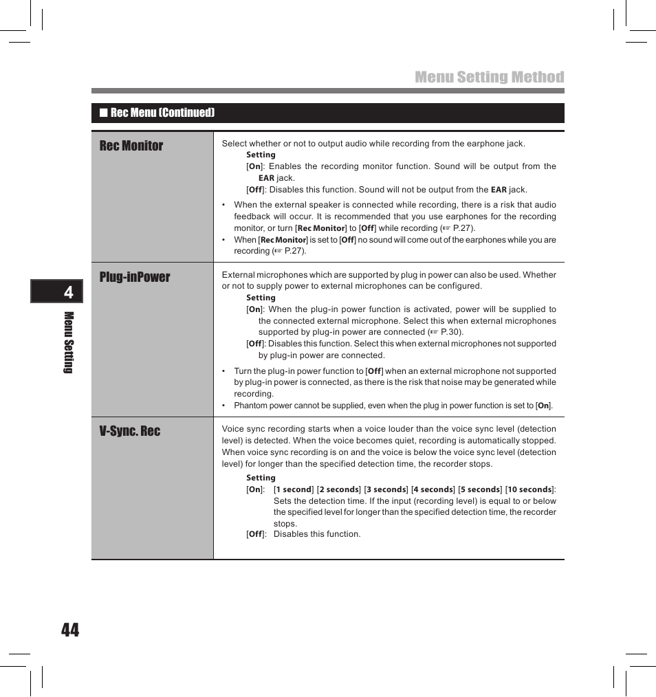 Menu setting method, Rec monitor, Plug-inpower | V-sync. rec | Olympus LS-10S User Manual | Page 44 / 260