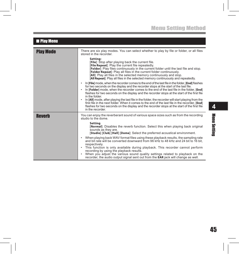 Menu setting method, Play mode, Reverb | Olympus LS-10S User Manual | Page 45 / 260