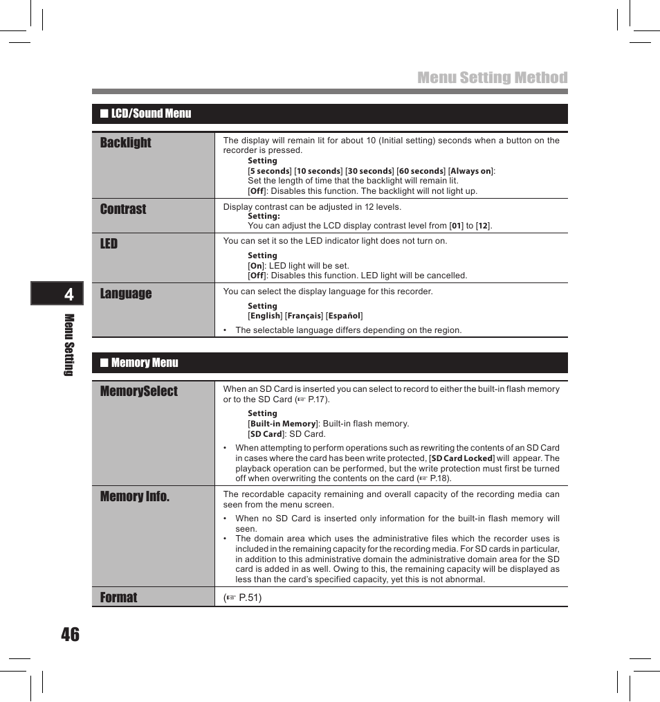 Menu setting method, Backlight, Contrast | Language, Format | Olympus LS-10S User Manual | Page 46 / 260