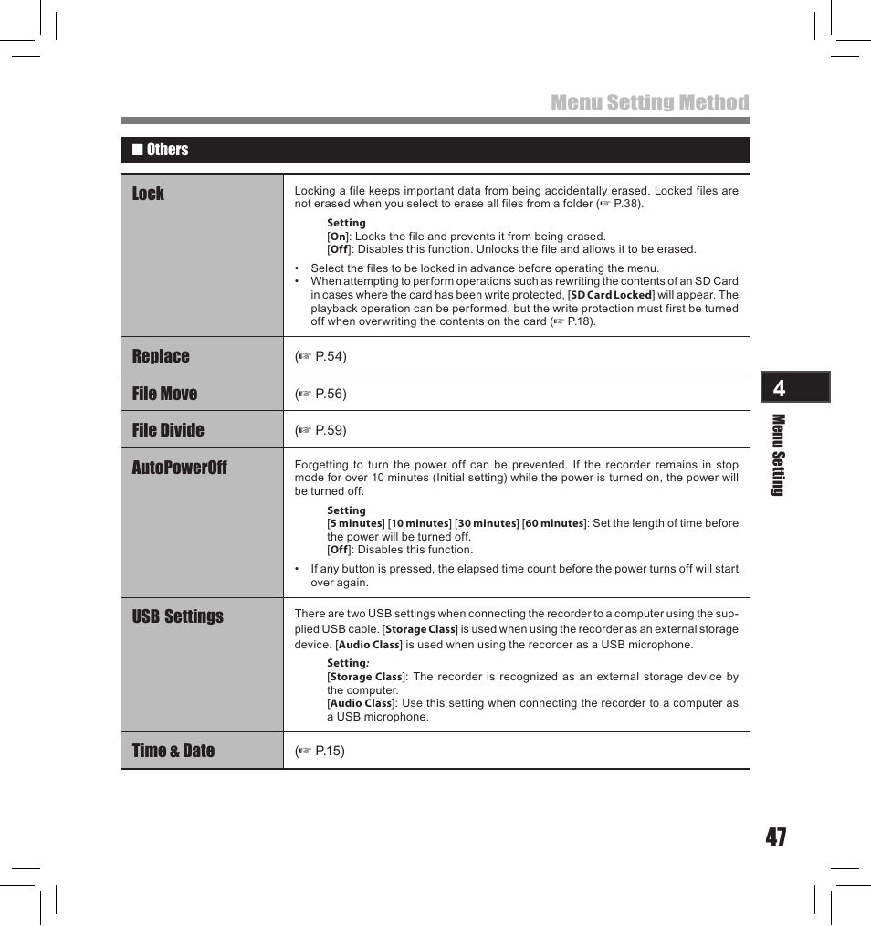 Menu setting method, Lock, Replace | File move, File divide, Autopoweroff, Usb settings, Time & date | Olympus LS-10S User Manual | Page 47 / 260