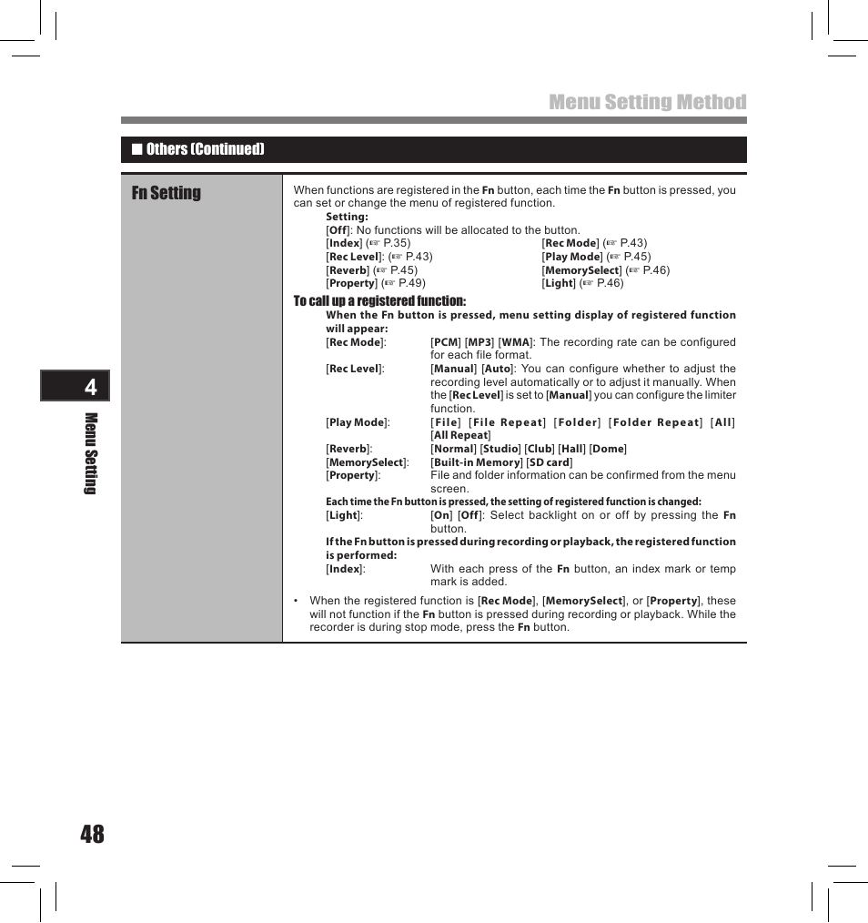 Menu setting method, Fn setting | Olympus LS-10S User Manual | Page 48 / 260