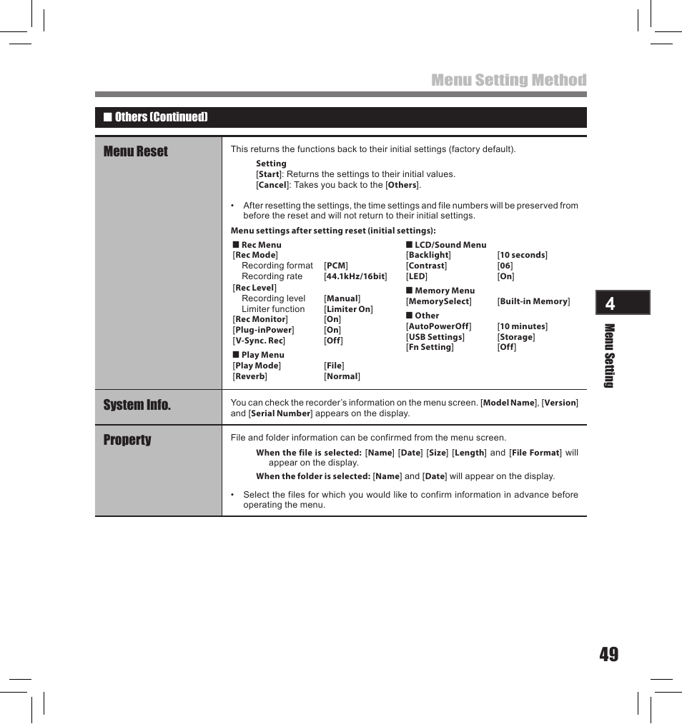 Menu setting method, Menu reset, System info | Property | Olympus LS-10S User Manual | Page 49 / 260