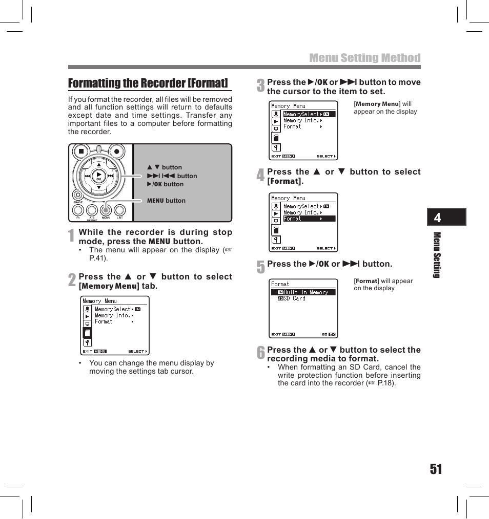 Formatting the recorder [format | Olympus LS-10S User Manual | Page 51 / 260