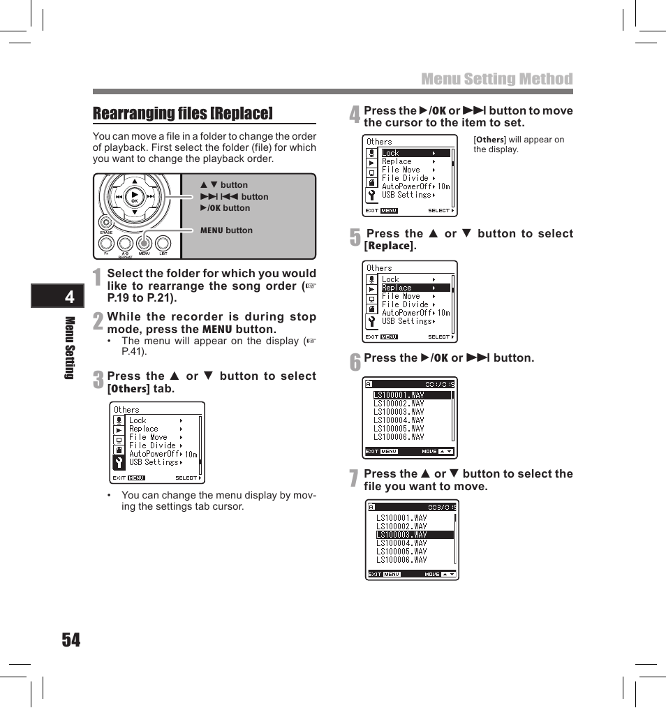 Rearranging files [replace | Olympus LS-10S User Manual | Page 54 / 260