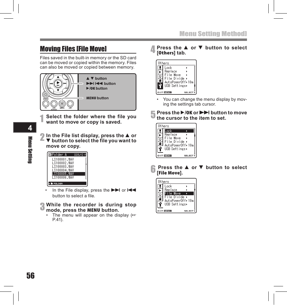 Moving files [file move | Olympus LS-10S User Manual | Page 56 / 260