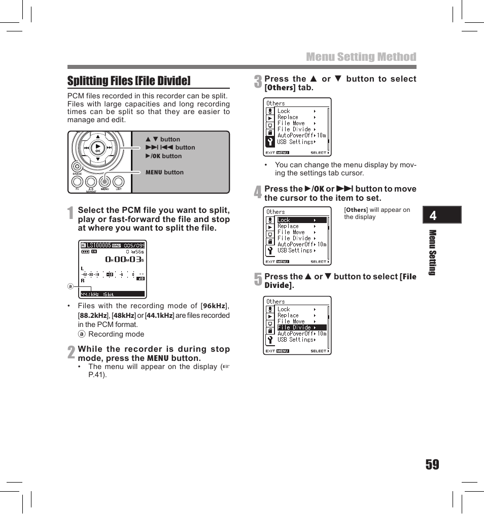Splitting files [file divide | Olympus LS-10S User Manual | Page 59 / 260
