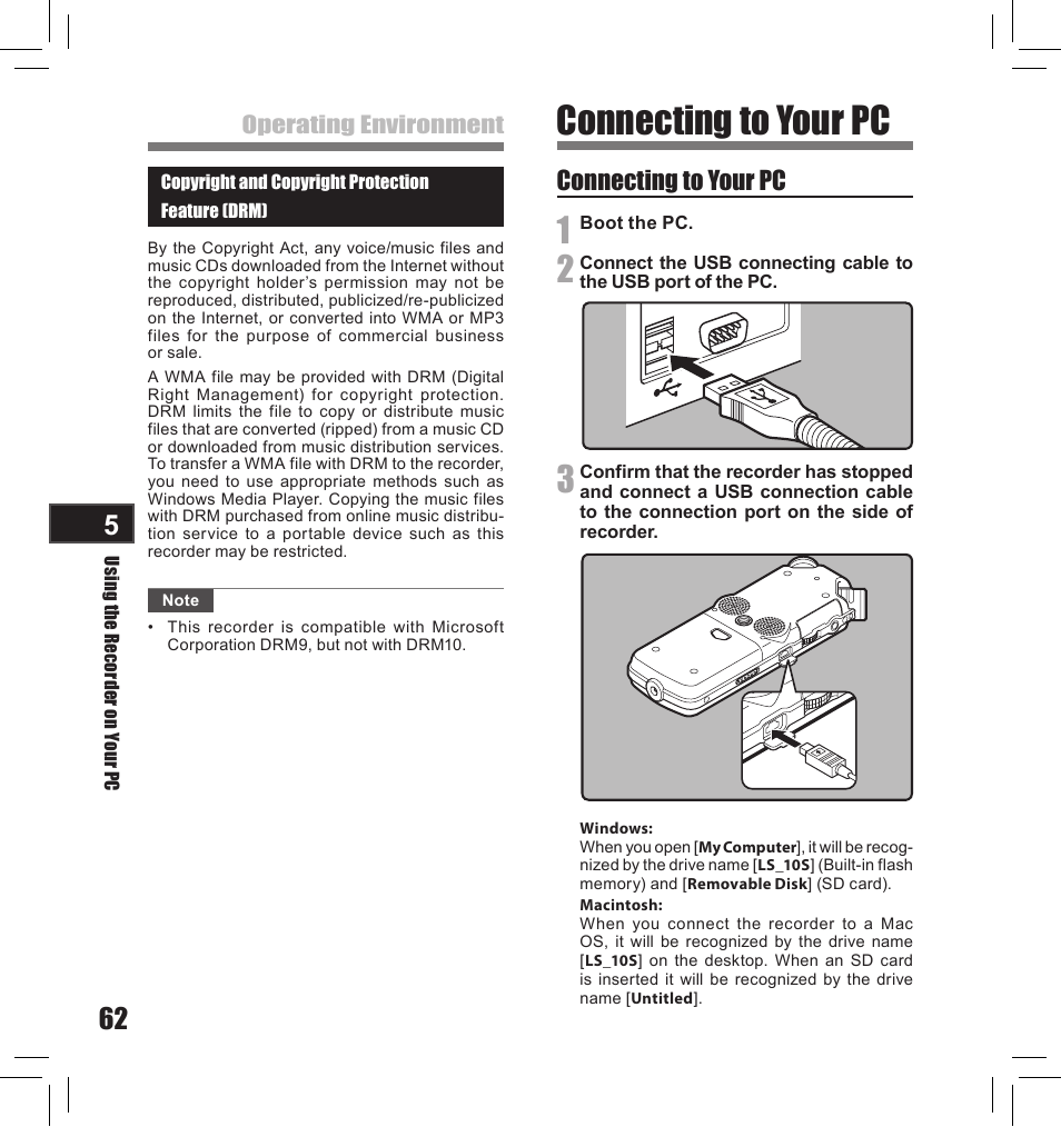 Connecting to your pc | Olympus LS-10S User Manual | Page 62 / 260