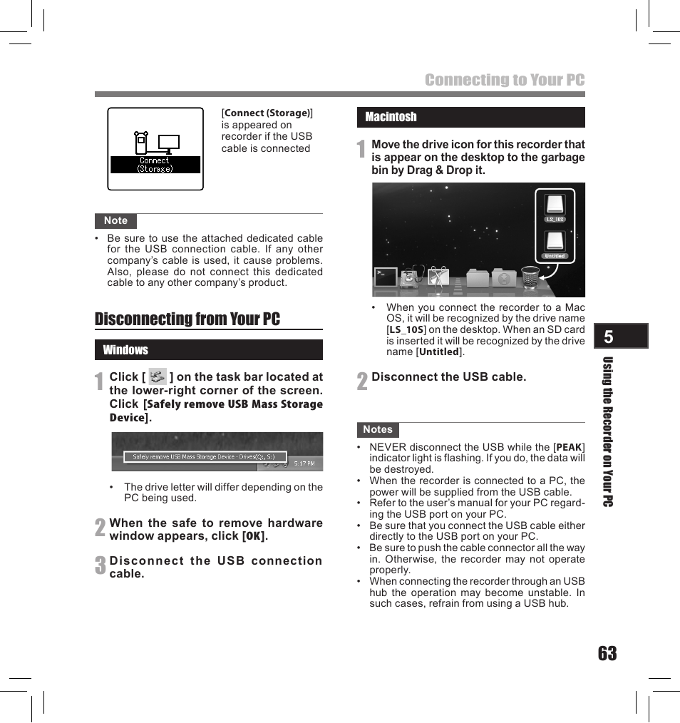 Disconnecting from your pc | Olympus LS-10S User Manual | Page 63 / 260