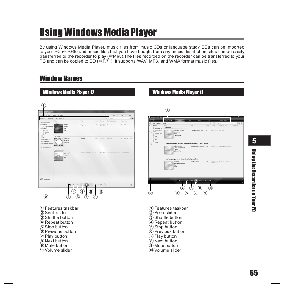 Using windows media player, Window names | Olympus LS-10S User Manual | Page 65 / 260