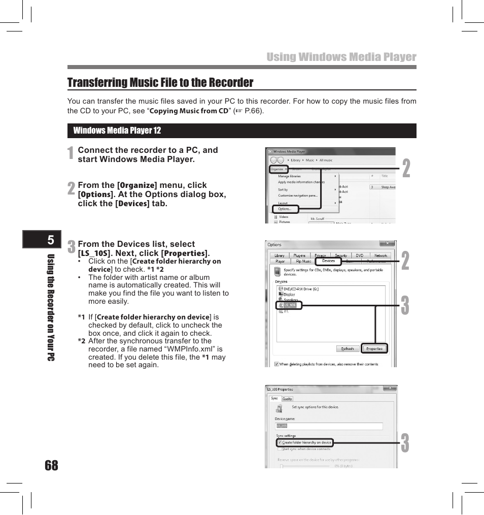 Transferring music file to the recorder | Olympus LS-10S User Manual | Page 68 / 260
