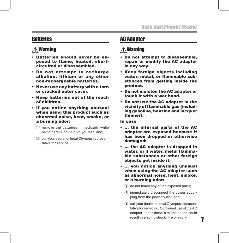 Batteries, Ac adapter, Warning | Safe and proper usage | Olympus LS-10S User Manual | Page 7 / 260