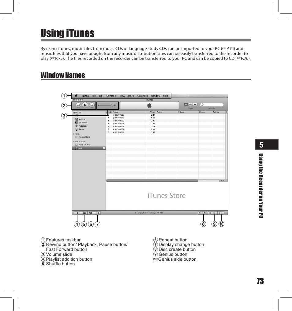 Using itunes, Window names | Olympus LS-10S User Manual | Page 73 / 260