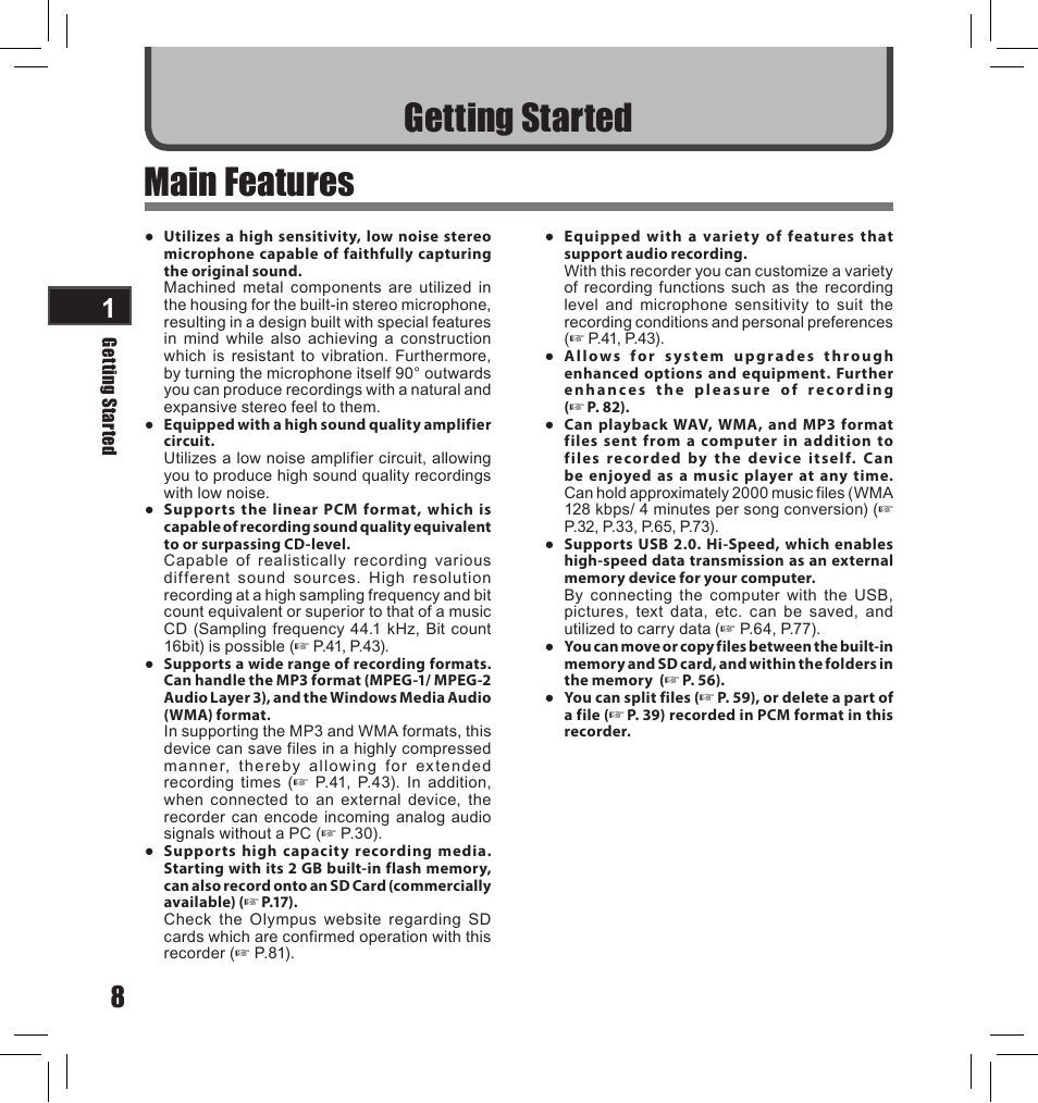 Main features, Getting started | Olympus LS-10S User Manual | Page 8 / 260