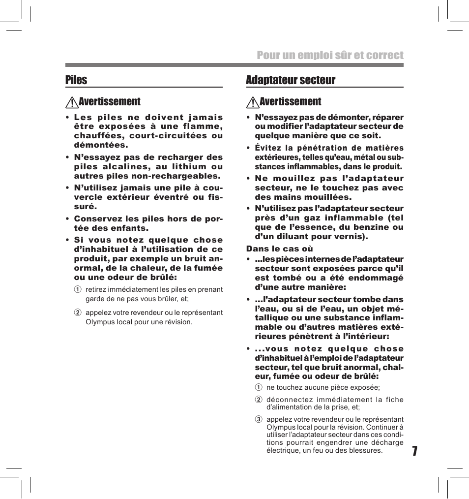 Piles, Adaptateur secteur, Avertissement | Pour un emploi sûr et correct | Olympus LS-10S User Manual | Page 93 / 260