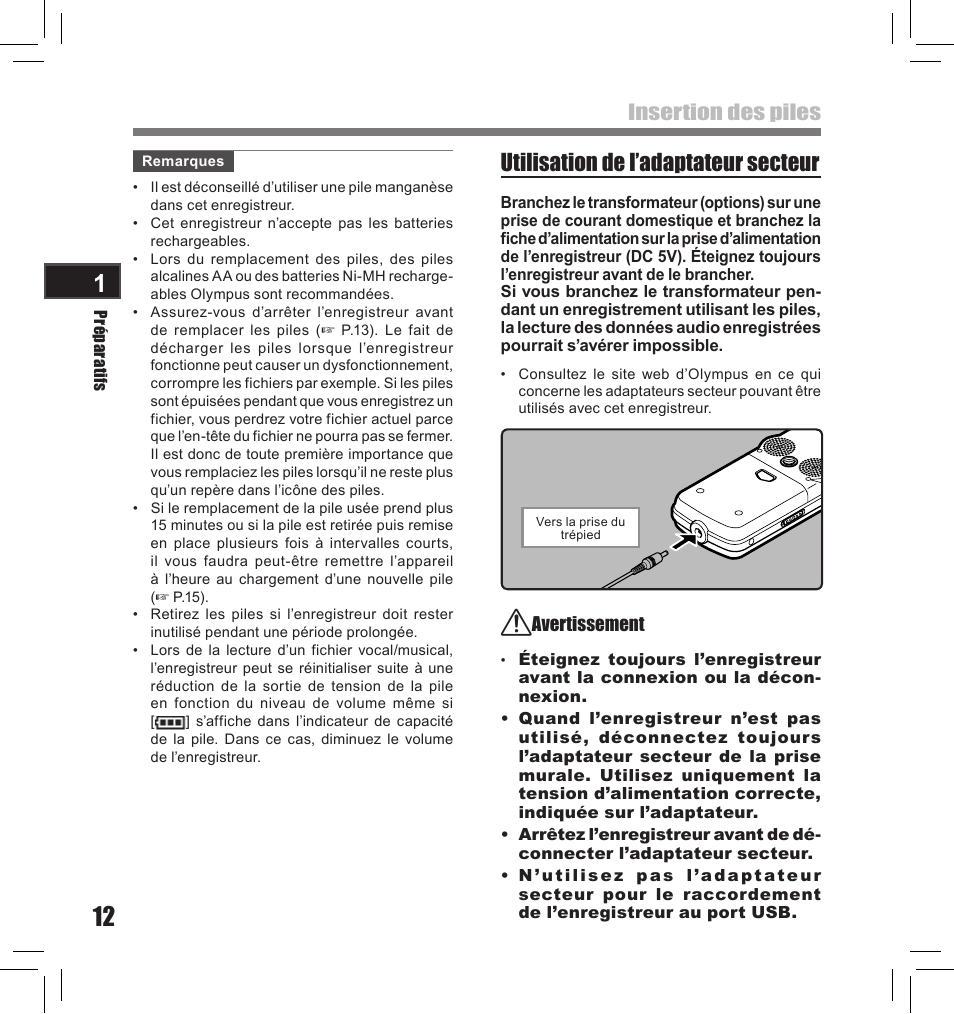 Utilisation de l’adaptateur secteur, Insertion des piles | Olympus LS-10S User Manual | Page 98 / 260