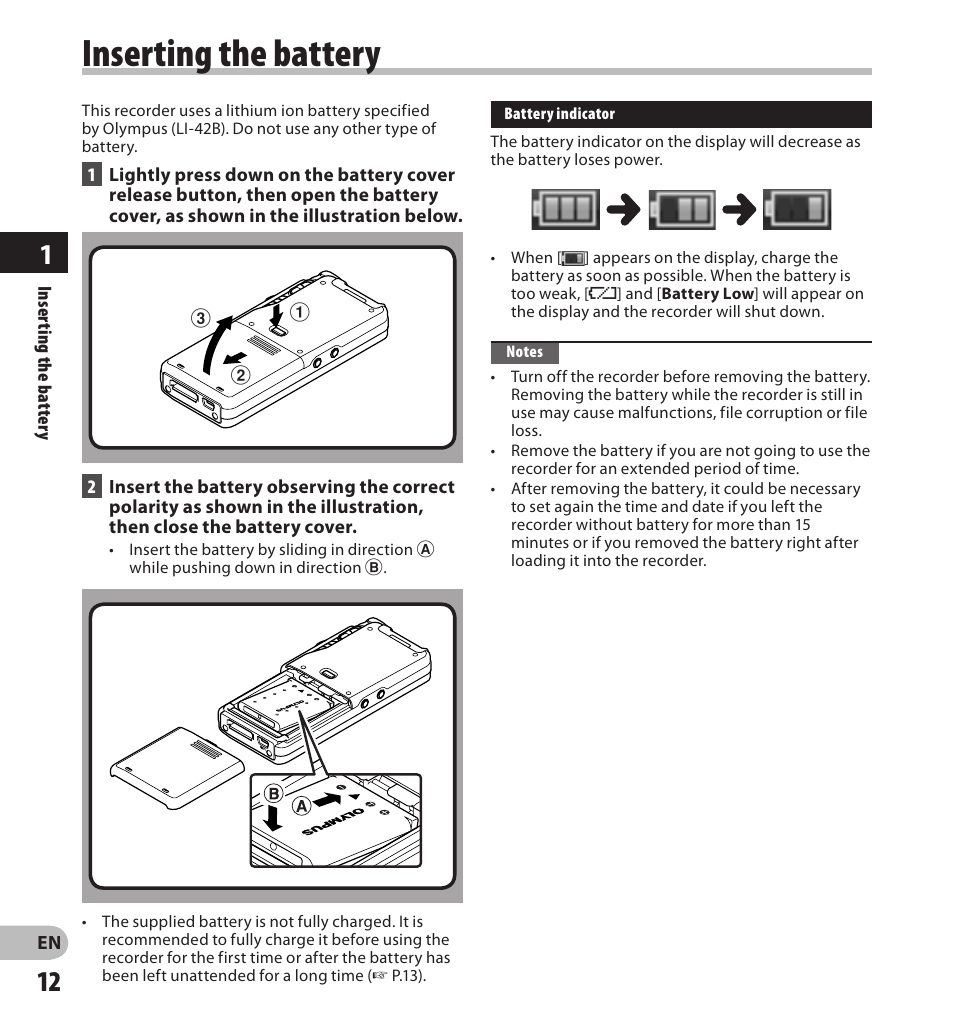 Inserting the battery | Olympus DS-7000 User Manual | Page 12 / 56