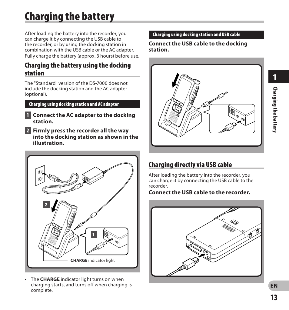 Charging the battery, Charging the battery using the docking station, Charging directly via usb cable | Olympus DS-7000 User Manual | Page 13 / 56